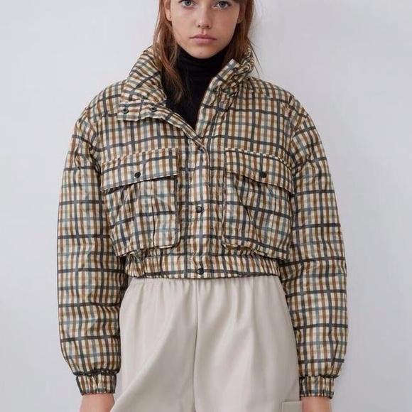 Zara Cropped Plaid Puffer Jacket - Picture 1 of 7